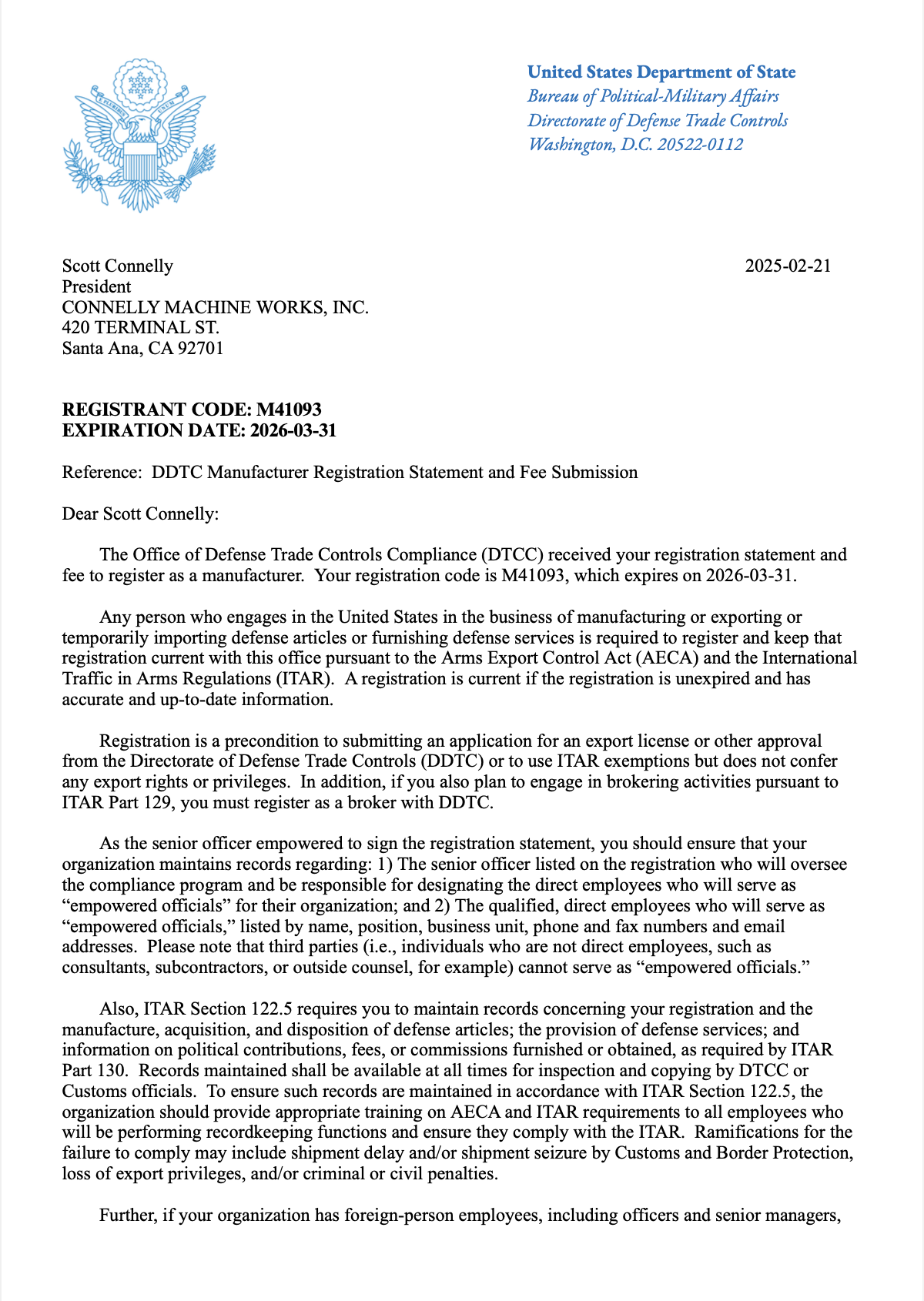 ITAR Registration Certificate